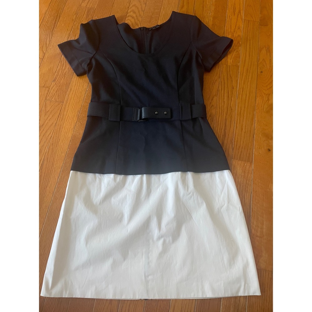 Theory Dress Womens Size 4 Navy/White Nylon Colorblock Sheath Belted‎ Casual